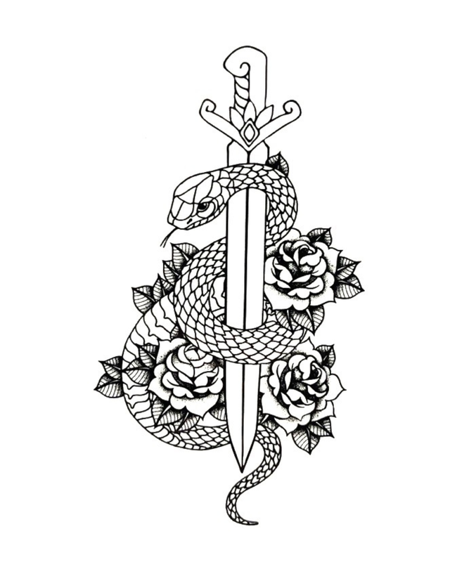 Siirtotatuointi - Sword & Snake & Roses